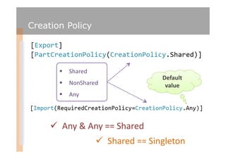 Creation Policy




         Shared
                                  Default
         NonShared                 value
         Any




        Any & Any == Shared
                     Shared == Singleton
 