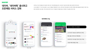 네이버 내 대화형 서비스를 통합
스포츠 중계, TV방송 등 시청하며 실시간 채팅
패션, 동물, 다이어트 등 주제별 채팅
네이버의 친구 서비스를 기반으로 개인 간 채팅
가입한 카페의 회원들 간 채팅
네이버, ‘네이버톡’ 출시하고
오픈채팅 서비스 강화
네이버는 자사의 대화형 서비스를 한 곳에 모은 '네이버톡'을 출시하고, 접근하기 쉽도록 앱 메인 화면 상단에 아이콘 배치
스포츠 생중계, TV 프로그램 방영 시 실시간 채팅을 지원할 뿐만 아니라, 엔터〮뷰티〮운동〮패션 등 다양한 주제에 대해 채팅방을 개설하고 대화 가능
추후 네이버톡 서비스에도 '커뮤니케이션 애드' 광고가 적용되어 주제별 관심사 타겟팅이 가능해질 것으로 전망
네이버톡의 기능
앱 메인 화면 상단 배치 서비스 개편
 