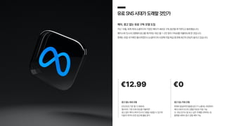 유료SNS시대가도래할것인가
메타, 광고 없는 유료 구독 모델 도입
지난 10월, 세계 최대 소셜미디어 기업인 메타가 새로운 구독 옵션을 추가한다고 발표했습니다.
페이스북·인스타그램에서 광고를 제거하는 대신 월 1~2만 원의 구독료를 지불하도록 한 것입니다.
현재는 유럽 국가에만 출시하였으나 소셜미디어 시장에 미칠 파급 효과에 세간의 관심이 쏠리고 있습니다.
€12.99 €0
광고 없는 유료 모델
iOS/AOS 기준 월 12.99유로,
웹사이트 기준 9.99 유로를 지불하면
광고 없이 페이스북과 인스타그램을 사용할 수 있으며
이들의 데이터 또한 광고에 활용 중지
광고 있는 무료 모델
현재와 동일하게 맞춤형 광고가 노출되는 환경에서
페이스북과 인스타그램을 무료로 이용 가능
단, 관심 있거나 덜 보고 싶은 주제를 선택하는 등
플랫폼 내에서 광고 경험 제어 가능
 