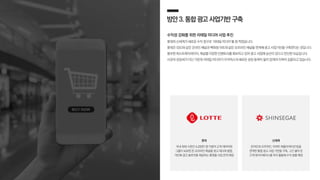 신세계
온라인과 오프라인, 이마트 애플리케이션 등을
연계한 통합 광고 사업 기반을 구축, 그간 쌓아 온
고객 데이터베이스를 적극 활용해 수익 창출 예정
롯데
국내 최대 수준인 4,200만 명 가량의 고객 데이터와
그룹이 보유한 온·오프라인 채널을 광고 테크와 융합,
개인화 광고 솔루션을 제공하는 플랫폼 사업 전개 예정
방안3.통합광고사업기반구축
수익성 강화를 위한 리테일 미디어 사업 추진
롯데와 신세계가 새로운 수익 창구로 ‘리테일 미디어’를 점 찍었습니다.
롯데온·SSG와 같은 온라인 채널과 백화점·마트와 같은 오프라인 채널을 연계해 광고 사업기반을 구축한다는 것입니다.
풍부한 퍼스트파티데이터, 채널별 다양한 인벤토리를 확보하고 있어 광고 사업에 승산이 있다고 판단한 모습입니다.
시장의 성장세가 더딘 가운데 리테일 미디어가 이커머스의 새로운 성장 동력이 될지 업계의 이목이 집중되고 있습니다.
 