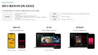 약 13만여 편의 작품 보유, OTT 부문 브랜드 고객 충성도 대상 6년 연속 1위의 OTT 플랫폼
스플래시 배너
앱 실행 시 진입 화면에 단독 노출
보드 배너
앱/웹 내 3개 탭에 보드 형태로 노출
전면 팝업 배너
앱/웹 진입 시 팝업 형태로 노출
왓챠 X 메조미디어 단독 프로모션
신청 방법 광고주, 브랜드, 집행일정 기재하여 m_plan@cj.net 로 전달 (*집행 확정 시 별도 안내)
프로모션 기간 2024년 1분기 (1월~3월)
매체력 누적 다운로드 수 2,000만 회 이상
프로모션 내용
① 단가할인: 전 상품 20% 추가 할인
② 무상 구좌 제공
- 3,000만 원 이상 집행 시, 전면 팝업 배너 4일(약 850만 원) 제공
- 5,000만 원 이상 집행 시, 전면 팝업 배너 7일(1,500만 원) + 보드 배너 3일(약 1,100만 원) 제공
③ 추가 수수료 지급
- 신규 광고주 집행 시, 10% 추가 수수료 지급 (20% → 30%)
* 노출 지면: 홈, 개봉관, 웹툰
스플래시 풀 (Full Screen) 스플래시 파셜(Partial)
 