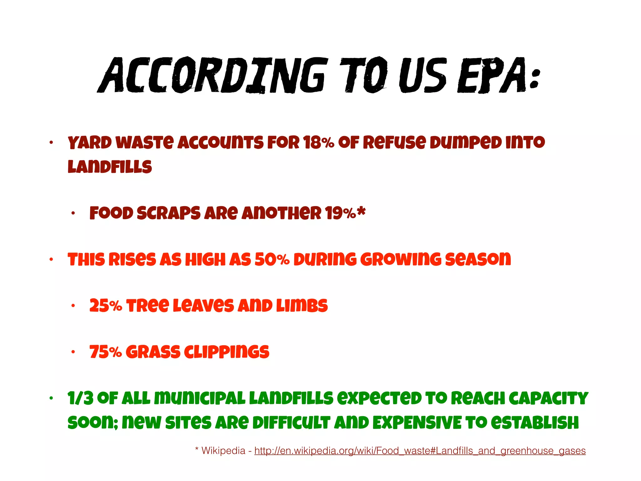 ACCORDING TO US EPA: 
• Yard waste accounts for 18% of refuse dumped into 
landfills 
• Food SCRAPS are another 19%* 
• This rises as high as 50% during growing season 
• 25% tree leaves and limbs 
• 75% grass clippings 
• 1/3 of all municipal landfills expected to reach capacity 
soon; new sites are difficult and EXPENSIVE to establish 
* Wikipedia - http://en.wikipedia.org/wiki/Food_waste#Landfills_and_greenhouse_gases 
 