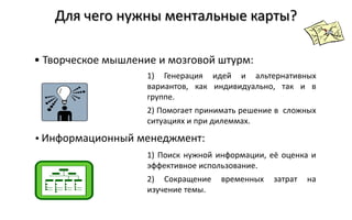 Для чего нужны ментальные карты?

• Творческое мышление и мозговой штурм:
                    1) Генерация идей и альтернативных
                    вариантов, как индивидуально, так и в
                    группе.
                    2) Помогает принимать решение в сложных
                    ситуациях и при дилеммах.

• Информационный менеджмент:
                    1) Поиск нужной информации, её оценка и
                    эффективное использование.
                    2) Сокращение    временных   затрат   на
                    изучение темы.
 