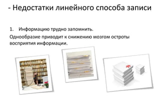 - Недостатки линейного способа записи

1. Информацию трудно запомнить.
Однообразие приводит к снижению мозгом остроты
восприятия информации.
 