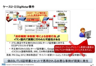Copyright（C） NRI SecureTechnologies, Ltd. All rights reserved. 9
ケース2-3）DigiNotar事件
原典：PKI Day 2012 神田雅透氏「 サイバー攻撃ツールとしての公開鍵証明書の役割」
DNSスプーフィングされても重要な通信は
SSL/TLSで保護されるから大丈夫だよ。
偽SSL/TLS証明書とセットで悪用される凶悪な事例が現実に発生
 