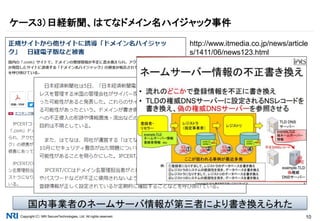 Copyright（C） NRI SecureTechnologies, Ltd. All rights reserved. 10
ケース3）日経新聞、はてなドメイン名ハイジャック事件
http://www.itmedia.co.jp/news/article
s/1411/06/news123.html
国内事業者のネームサーバ情報が第三者により書き換えられた
 