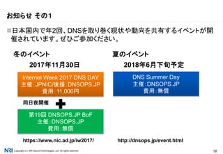 Copyright（C） NRI SecureTechnologies, Ltd. All rights reserved. 18
日本国内で年2回、DNSを取り巻く現状や動向を共有するイベントが開
催されています。ぜひご参加ください。
お知らせ その１
DNS Summer Day
主催：DNSOPS.JP
費用：無償
夏のイベント
2018年6月下旬予定
第19回 DNSOPS.JP BoF
主催：DNSOPS.JP
費用：無償
Internet Week 2017 DNS DAY
主催：JPNIC/後援：DNSOPS.JP
費用：11,000円
同日夜開催
冬のイベント
2017年11月30日
https://www.nic.ad.jp/iw2017/ http://dnsops.jp/event.html
 