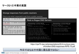 Copyright（C） NRI SecureTechnologies, Ltd. All rights reserved. 8
ケース2-2）中東の某国
https://ripe75.ripe.net/presentations/20-A-curious-case-
of-broken-DNS-responses-RIPE-75.pdf
今日ではもはや中国に限る話ではない
 