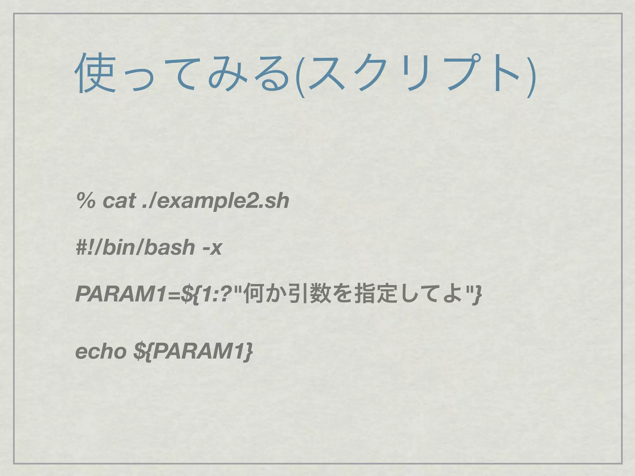 使ってみる(スクリプト)
% cat ./example2.sh
#!/bin/bash -x
PARAM1=${1:?"何か引数を指定してよ"}
echo ${PARAM1}
 