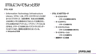 ITILについてちょっとだけ
ITIL #とは
 Information Technology Infrastructure
Library（ITIL）とは、ITサービスマネジメントにおけ
るベストプラクティス（成功事例）をまとめた書籍群。
1989年にイギリス政府のCCTAによって公表された。
ITILの読み方は「アイティル」、「アイティーアイエル」な
どがある。ITサービス全体においてデファクトスタンダー
ドとなりつつあり、重要な位置付けとなっている。
 ITIL 5つのアプローチ
 サービスストラテジ
→ ITサービスの戦略を立案する
 サービスデザイン
→ ITサービスを設計する
 サービストランジション
→ ITサービスを本番環境へ移行する
 サービスオペレーション
→ ITサービスを運用する
 継続的サービス改善
いきなり{非機能要求グレード,PCIDSS}担当にさせられた！どうする！？
※ Wikipediaより引用
 