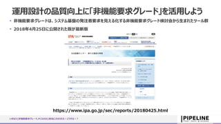運用設計の品質向上に「非機能要求グレード」を活用しよう
 非機能要求グレードは、システム基盤の発注者要求を見える化する非機能要求グレード検討会から生まれたツール群
 2018年4月25日に公開された版が最新版
いきなり{非機能要求グレード,PCIDSS}担当にさせられた！どうする！？
https://www.ipa.go.jp/sec/reports/20180425.html
 