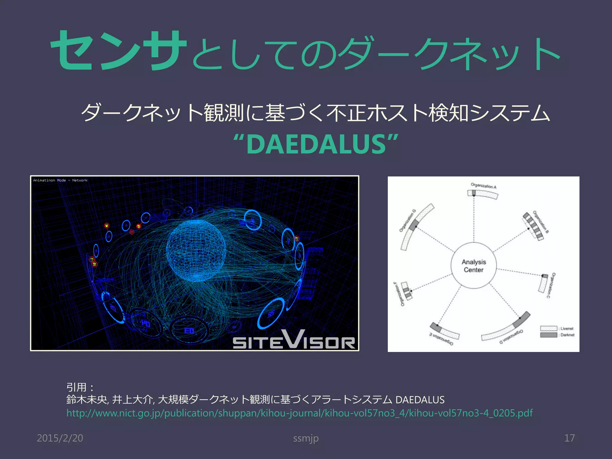 センサとしてのダークネット
ssmjp 17
ダークネット観測に基づく不正ホスト検知システム
“DAEDALUS”
引用：
鈴木未央, 井上大介, 大規模ダークネット観測に基づくアラートシステム DAEDALUS
http://www.nict.go.jp/publication/shuppan/kihou-journal/kihou-vol57no3_4/kihou-vol57no3-4_0205.pdf
2015/2/20
 