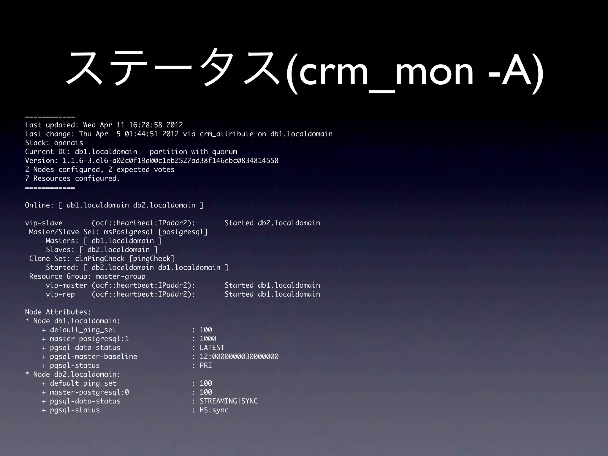 ステータス(crm_mon -A)
============
Last	 updated:	 Wed	 Apr	 11	 16:28:58	 2012
Last	 change:	 Thu	 Apr	 	 5	 01:44:51	 2012	 via	 crm_attribute	 on	 db1.localdomain
Stack:	 openais
Current	 DC:	 db1.localdomain	 -	 partition	 with	 quorum
Version:	 1.1.6-3.el6-a02c0f19a00c1eb2527ad38f146ebc0834814558
2	 Nodes	 configured,	 2	 expected	 votes
7	 Resources	 configured.
============

Online:	 [	 db1.localdomain	 db2.localdomain	 ]

vip-slave	 	 	 	 	 	 	 (ocf::heartbeat:IPaddr2):	 	 	 	 	 	 	 Started	 db2.localdomain
	 Master/Slave	 Set:	 msPostgresql	 [postgresql]
	 	 	 	 	 Masters:	 [	 db1.localdomain	 ]
	 	 	 	 	 Slaves:	 [	 db2.localdomain	 ]
	 Clone	 Set:	 clnPingCheck	 [pingCheck]
	 	 	 	 	 Started:	 [	 db2.localdomain	 db1.localdomain	 ]
	 Resource	 Group:	 master-group
	 	 	 	 	 vip-master	 (ocf::heartbeat:IPaddr2):	 	 	 	 	 	 	 Started	 db1.localdomain
	 	 	 	 	 vip-rep	 	 	 	 (ocf::heartbeat:IPaddr2):	 	 	 	 	 	 	 Started	 db1.localdomain

Node	 Attributes:
*	 Node	 db1.localdomain:
	 	 	 	 +	 default_ping_set	 	 	 	 	 	 	 	 	 	 	 	 	 	 	 	 	 	 :	 100
	 	 	 	 +	 master-postgresql:1	 	 	 	 	 	 	 	 	 	 	 	 	 	 	 :	 1000
	 	 	 	 +	 pgsql-data-status	 	 	 	 	 	 	 	 	 	 	 	 	 	 	 	 	 :	 LATEST	 	 	 	 
	 	 	 	 +	 pgsql-master-baseline	 	 	 	 	 	 	 	 	 	 	 	 	 :	 12:0000000030000000
	 	 	 	 +	 pgsql-status	 	 	 	 	 	 	 	 	 	 	 	 	 	 	 	 	 	 	 	 	 	 :	 PRI
*	 Node	 db2.localdomain:
	 	 	 	 +	 default_ping_set	 	 	 	 	 	 	 	 	 	 	 	 	 	 	 	 	 	 :	 100
	 	 	 	 +	 master-postgresql:0	 	 	 	 	 	 	 	 	 	 	 	 	 	 	 :	 100
	 	 	 	 +	 pgsql-data-status	 	 	 	 	 	 	 	 	 	 	 	 	 	 	 	 	 :	 STREAMING|SYNC
	 	 	 	 +	 pgsql-status	 	 	 	 	 	 	 	 	 	 	 	 	 	 	 	 	 	 	 	 	 	 :	 HS:sync	 	 	 
 