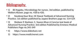 Bibliography
• 1) BS Nagoba, Microbiology for nurses, 3rd edition, published by
Wolters Kluwer, page no. 418 to 420.
• 2) Navdeep Kaur Brar, HC Rawat Textbook of Advanced Nursing
Practice; 1st edition published by Jaypee Brothers page no. 514-524
• 3) Shebeer P. Basheer, S. Yaseen Khan A Concise text book of
Advanced Nursing Practice; 3rd edition Published by Emmess Medical
Publishers Page no.345-349
• 4) https://www.slideshare.net
5) https://www.medicinenet.com
 