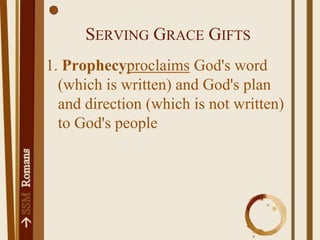 Serving Grace Gifts1. Prophecyproclaims God's word (which is written) and God's plan and direction (which is not written) to God's people