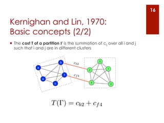 16

Kernighan and Lin, 1970:
Basic concepts (2/2)
¡  The cost T of a partition 𝚪 is the summation of cij over all i and j
    such that i and j are in different clusters


                                                     5
                             b       cb2
               a                                         1
                                             2
                                 f   cf 4
                   e
                         c                       4
                                                             3




                       T ( ) = cb2 + cf 4
 