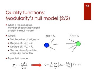 44

Quality functions:
Modularity’s null model (2/2)
¡  What is the expected
    number of edges between i
    and j in the null model?

¡  Given:                        (i) = ki               (j) = kj
  ¡  Total number of edges m
  ¡  Degree of i   (i) = ki
  ¡  Degree of j   (j) = kj
  ¡  The number of possible
      edges kikj out of 2m

¡  Expected number:
                                         ✓               ◆
            ki kj                   1 X          ki kj
      Pij =                     Q=         Aij               (ci , cj )
                                   2m ij         2m
            2m
 