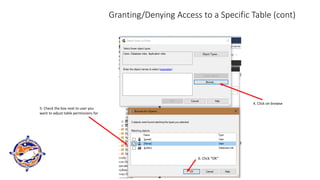 Granting/Denying Access to a Specific Table (cont)
4. Click on browse
5. Check the box next to user you
want to adjust table permissions for
6. Click “OK”
 