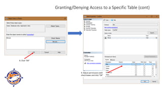 Granting/Denying Access to a Specific Table (cont)
8. Click “OK”
9. Adjust permissions with
check boxes and click “OK”
 