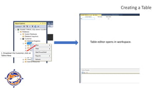 Creating a Table
1. Dropdown the Customer, click on
Tables>New
Table editor opens in workspace.
 