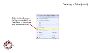 Creating a Table (cont)
On the toolbar, dropdown
the File menu and click on
“Save Table_1” (actual new
table name will appear)
 