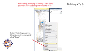 Deleting a Table
Click on the table you want to
delete to dropdown menu and
select “Delete”
Note: adding, modifying, or deleting a table is only
possible is you have been granted rites to do so
 
