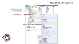 How to do A Full Backup
1. Click on the DB
you wish to backup
2. Click on Tasks
3. Click on BackUp
 