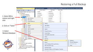 Restoring a Full Backup
1. Select DB to
restore and right
click
2. Click on “Tasks”
3. Select
Restore>Database
 