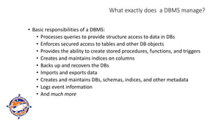 What exactly does a DBMS manage?
• Basic responsibilities of a DBMS:
• Processes queries to provide structure access to data in DBs
• Enforces secured access to tables and other DB objects
• Provides the ability to create stored procedures, functions, and triggers
• Creates and maintains indices on columns
• Backs up and recovers the DBs
• Imports and exports data
• Creates and maintains DBs, schemas, indices, and other metadata
• Logs event information
• And much more
 