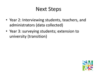 Next Steps
• Year 2: Interviewing students, teachers, and
administrators (data collected)
• Year 3: surveying students; ex...