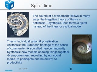 tvanet.fi 10
29.1.2015 10
Spiral time
The course of development follows in many
ways the Hegelian theory of thesis –
antithesis – synthesis, thus forms a spiral
instead of the linear or cyclical model.
Thesis: individualization & privatization
Antithesis: the European heritage of the sense
of community;  so-called neo-communality
Synthesis: new models of doing things together
 empowerment, recruiting by eg. social
media to participate and be active; co-
productivity
 