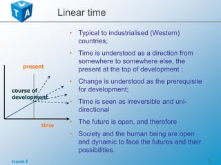 tvanet.fi 5
Linear time
• Typical to industrialised (Western)
countries;
• Time is understood as a direction from
somewhere to somewhere else, the
present at the top of development ;
• Change is understood as the prerequisite
for development;
• Time is seen as irreversible and uni-
directional
• The future is open, and therefore
• Society and the human being are open
and dynamic to face the futures and their
possibilities.
time
present
course of
development
 