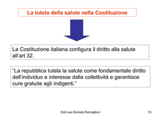La tutela della salute nella Costituzione La Costituzione italiana configura il diritto alla salute all’art 32. “ La repubblica tutela la salute come fondamentale diritto dell’individuo e interesse dalla collettività e garantisce cure gratuite agli indigenti.” 