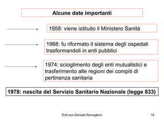 Alcune date importanti 1958: viene istituito il Ministero Sanità 1968: fu riformato il sistema degli ospedali trasformandoli in enti pubblici 1974: scioglimento degli enti mutualistici e trasferimento alle regioni dei compiti di pertinenza sanitaria 1978: nascita del Servizio Sanitario Nazionale (legge 833) 