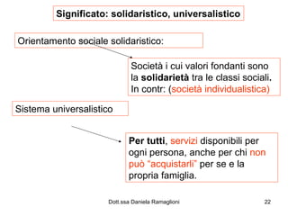 Orientamento sociale solidaristico: Società i cui valori fondanti sono la  solidarietà  tra le classi sociali .  In contr: ( società individualistica) Sistema universalistico Per tutti ,  servizi  disponibili per ogni persona, anche per chi  non può “acquistarli”  per se e la propria famiglia. Significato: solidaristico, universalistico 