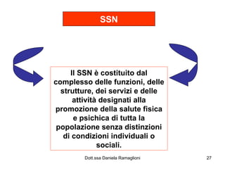 SSN Il SSN è costituito dal complesso delle funzioni, delle strutture, dei servizi e delle attività designati alla promozione della salute fisica e psichica di tutta la popolazione senza distinzioni di condizioni individuali o sociali. 