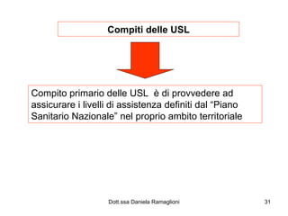 Compiti delle USL Compito primario delle USL  è di provvedere ad assicurare i livelli di assistenza definiti dal “Piano Sanitario Nazionale” nel proprio ambito territoriale 