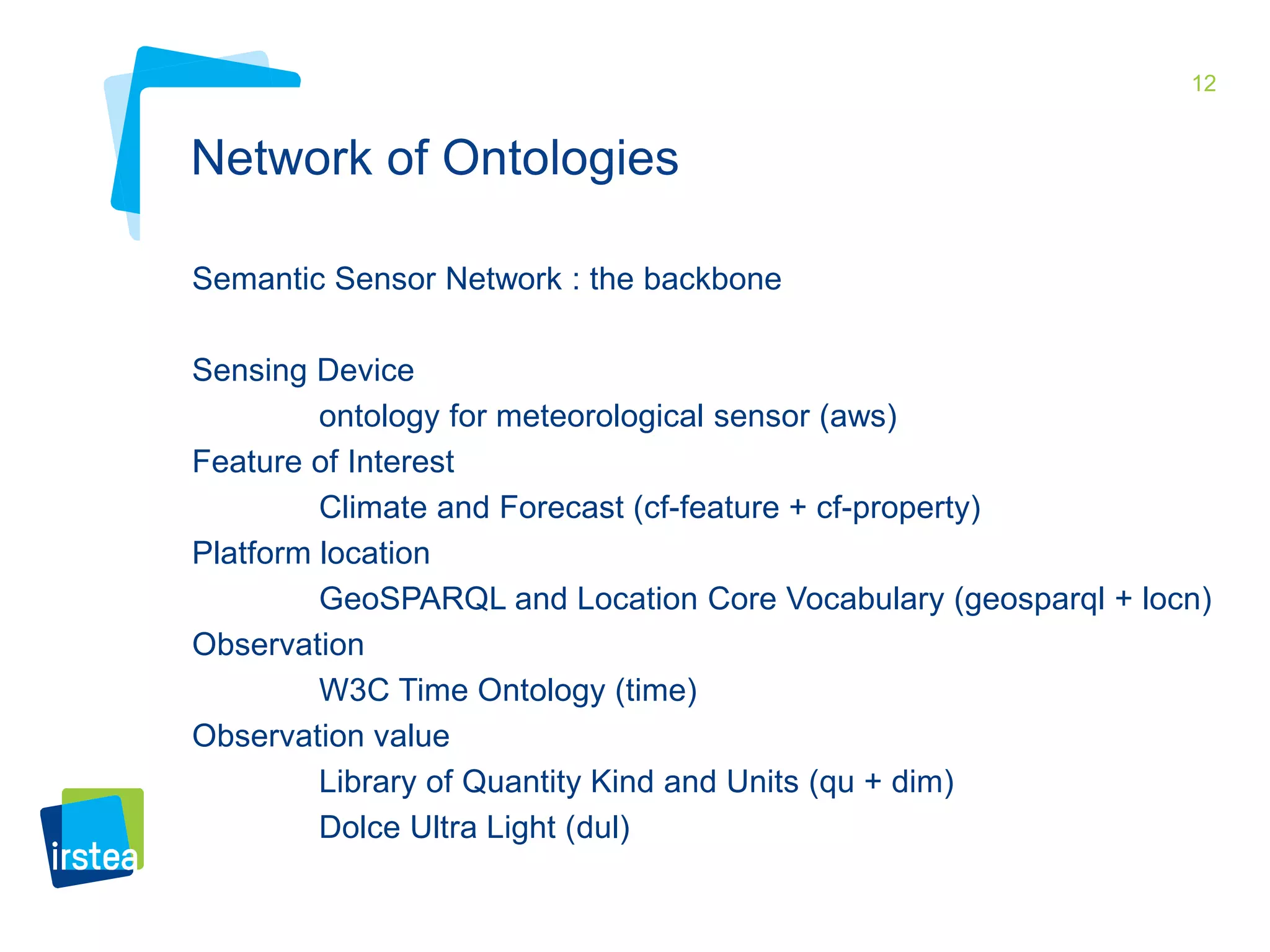 12 
Network of Ontologies 
Semantic Sensor Network : the backbone 
Sensing Device 
ontology for meteorological sensor (aws) 
Feature of Interest 
Climate and Forecast (cf-feature + cf-property) 
Platform location 
GeoSPARQL and Location Core Vocabulary (geosparql + locn) 
Observation 
W3C Time Ontology (time) 
Observation value 
Library of Quantity Kind and Units (qu + dim) 
Dolce Ultra Light (dul) 
 