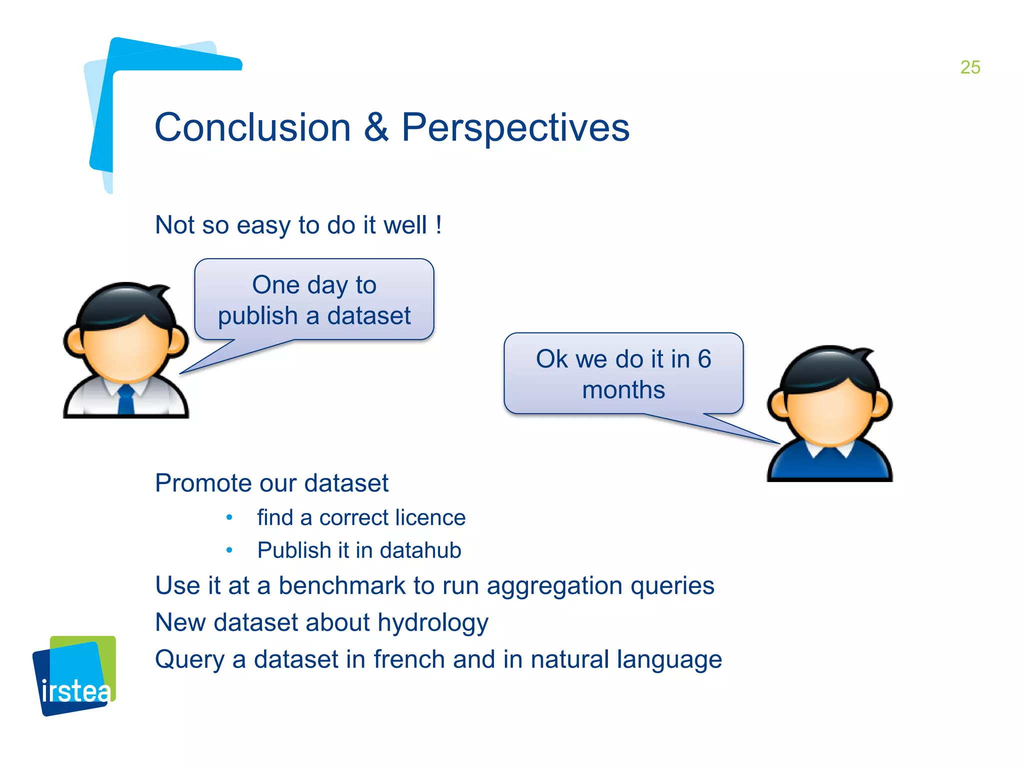 25 
Conclusion & Perspectives 
Not so easy to do it well ! 
Promote our dataset 
• find a correct licence 
• Publish it in datahub 
Use it at a benchmark to run aggregation queries 
New dataset about hydrology 
Query a dataset in french and in natural language 
One day to 
publish a dataset 
Ok we do it in 6 
months 
 