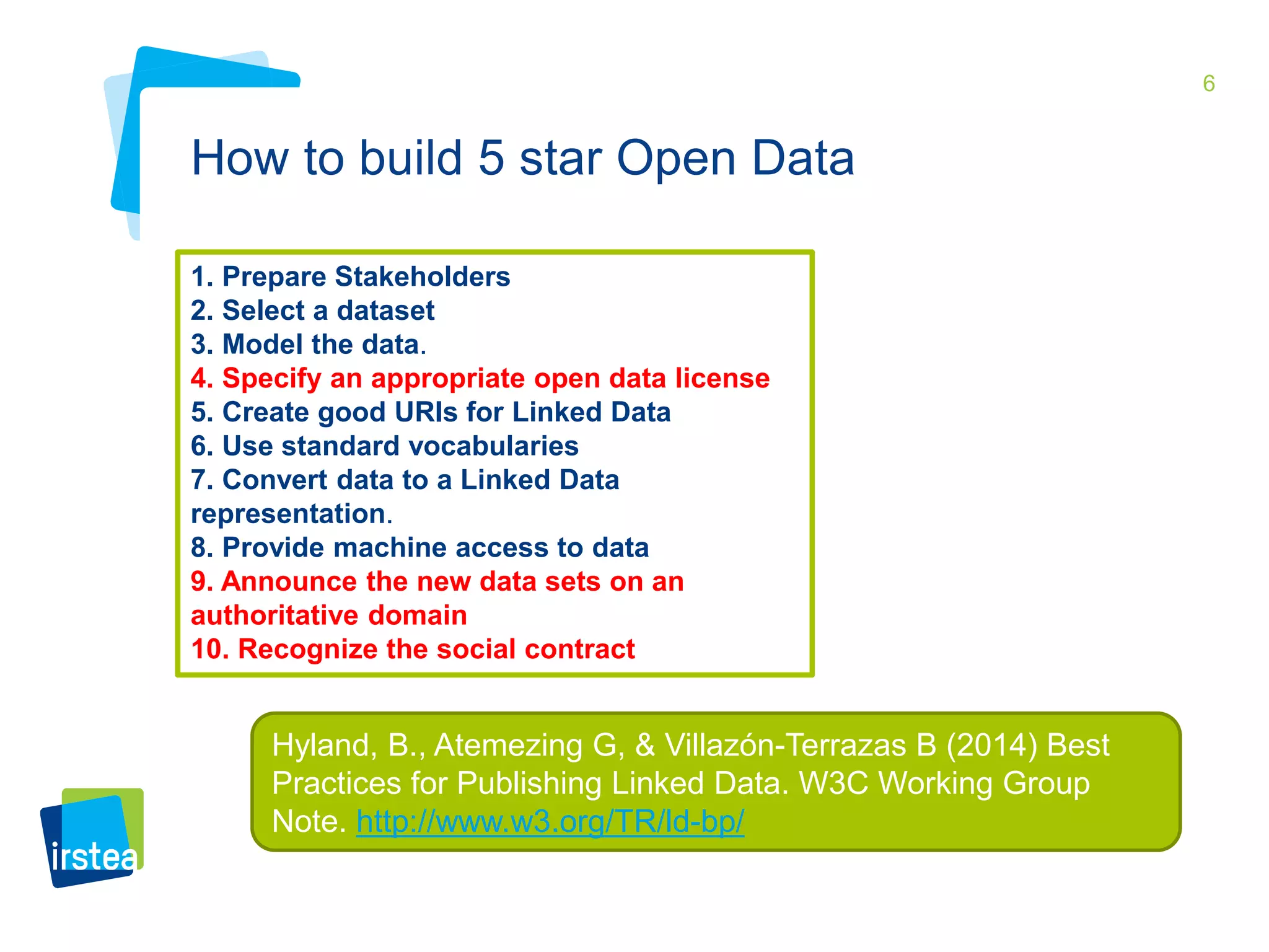 6 
How to build 5 star Open Data 
1. Prepare Stakeholders 
2. Select a dataset 
3. Model the data. 
4. Specify an appropriate open data license 
5. Create good URIs for Linked Data 
6. Use standard vocabularies 
7. Convert data to a Linked Data 
representation. 
8. Provide machine access to data 
9. Announce the new data sets on an 
authoritative domain 
10. Recognize the social contract 
Hyland, B., Atemezing G, & Villazón-Terrazas B (2014) Best 
Practices for Publishing Linked Data. W3C Working Group 
Note. http://www.w3.org/TR/ld-bp/ 
 