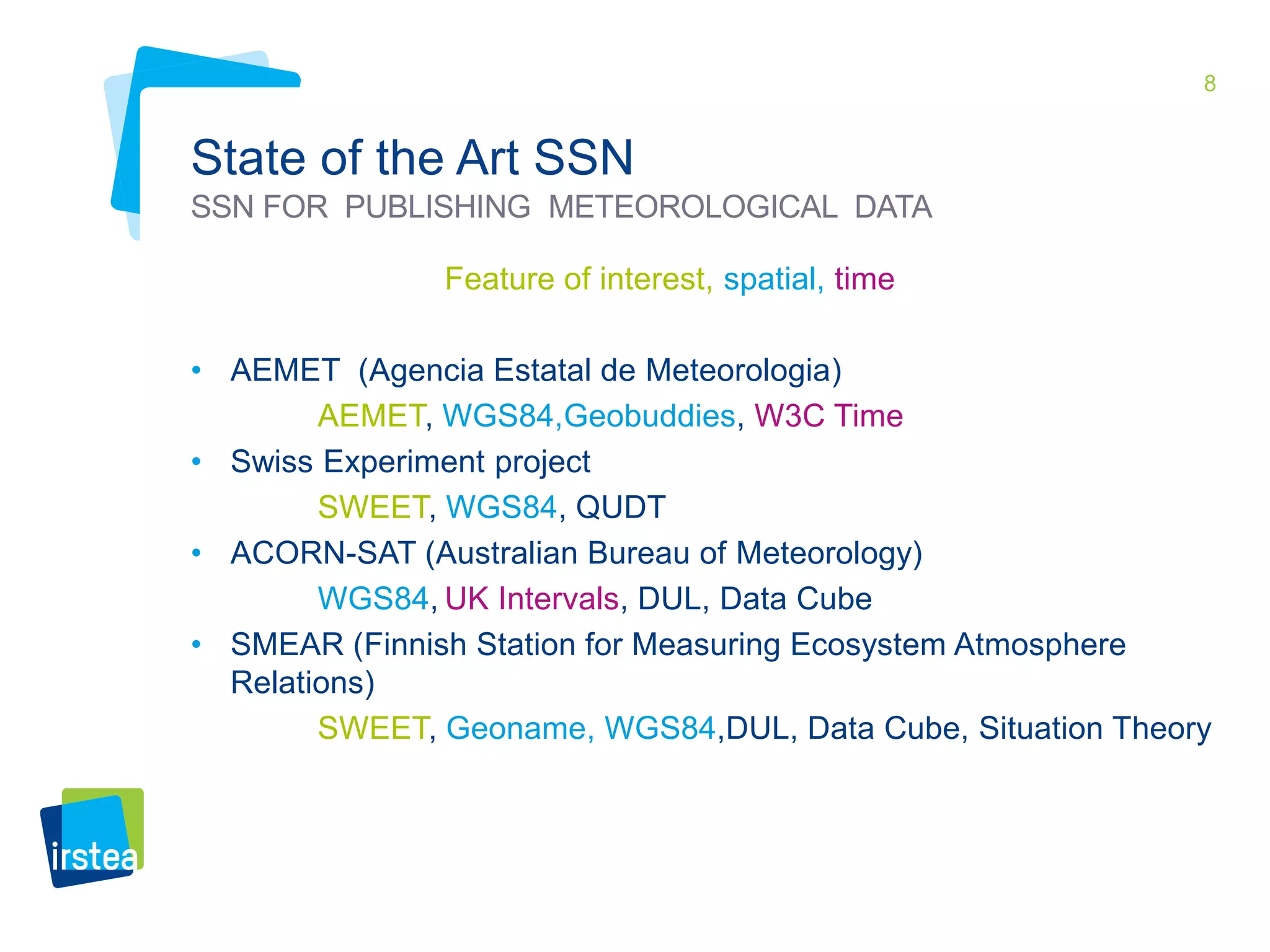 8 
State of the Art SSN 
SSN FOR PUBLISHING METEOROLOGICAL DATA 
Feature of interest, spatial, time 
• AEMET (Agencia Estatal de Meteorologia) 
AEMET, WGS84,Geobuddies, W3C Time 
• Swiss Experiment project 
SWEET, WGS84, QUDT 
• ACORN-SAT (Australian Bureau of Meteorology) 
WGS84, UK Intervals, DUL, Data Cube 
• SMEAR (Finnish Station for Measuring Ecosystem Atmosphere 
Relations) 
SWEET, Geoname, WGS84,DUL, Data Cube, Situation Theory 
 