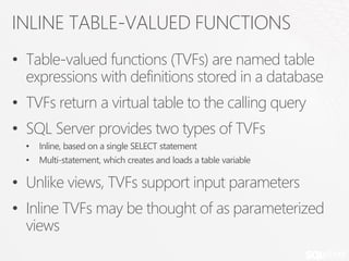 WRITING INLINE TVF
• Table-valued functions are created by administrators and
  developers
• Create and name function and ...