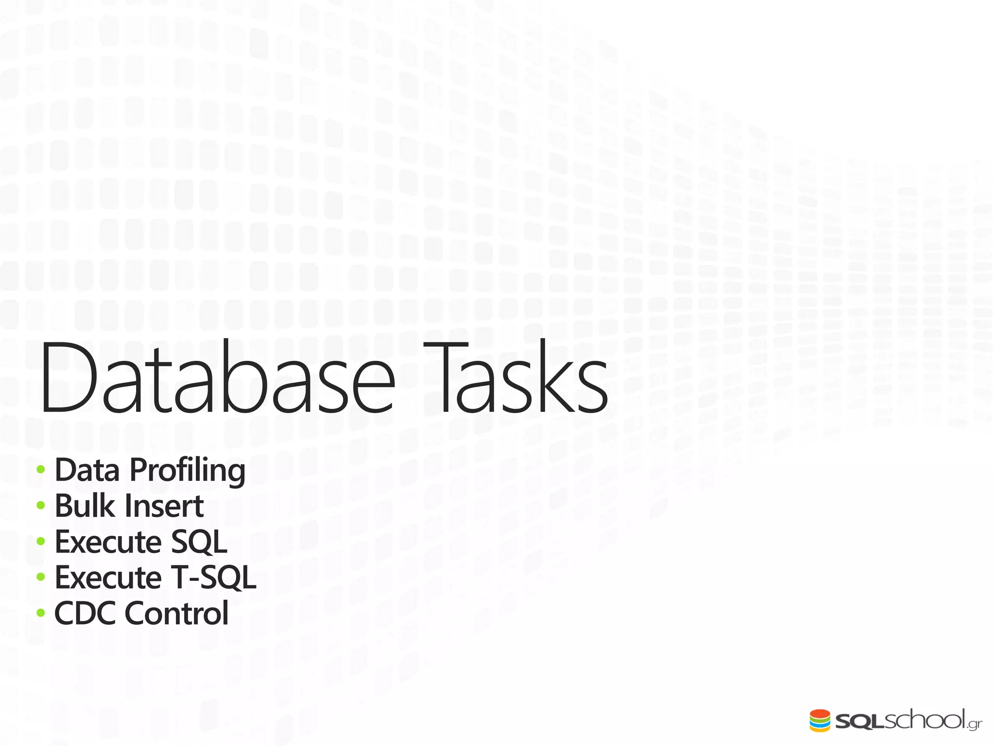 Database Tasks
• Data Profiling
• Bulk Insert
• Execute SQL
• Execute T-SQL
• CDC Control
 