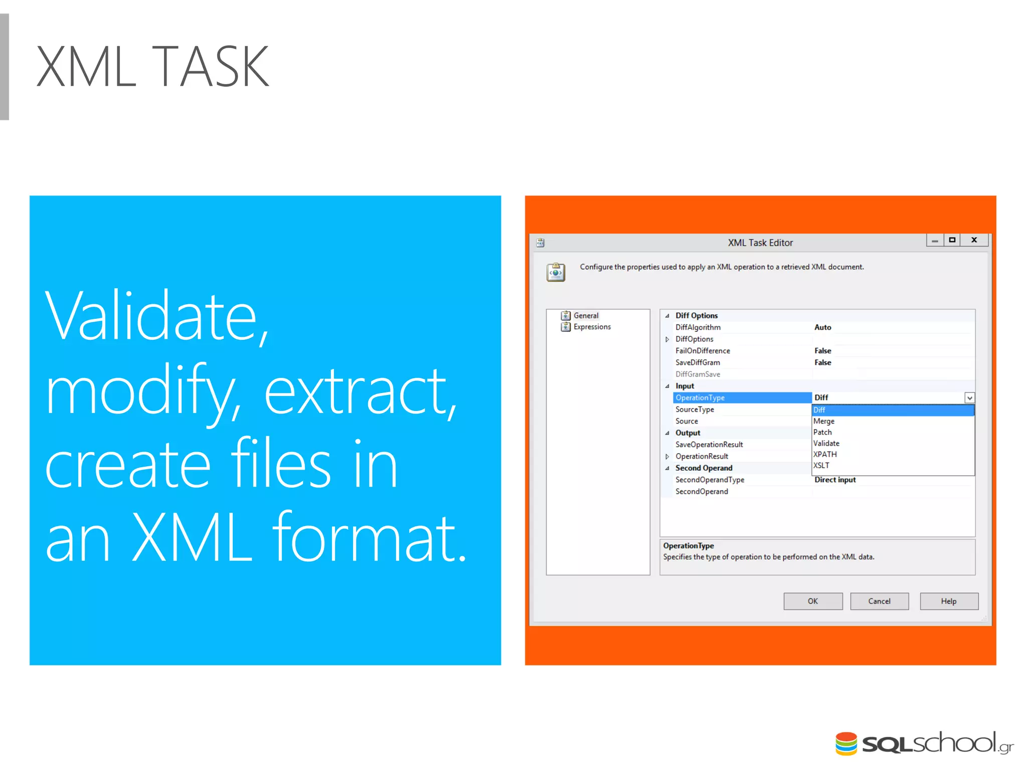 XML TASK
Validate,
modify, extract,
create files in
an XML format.
 