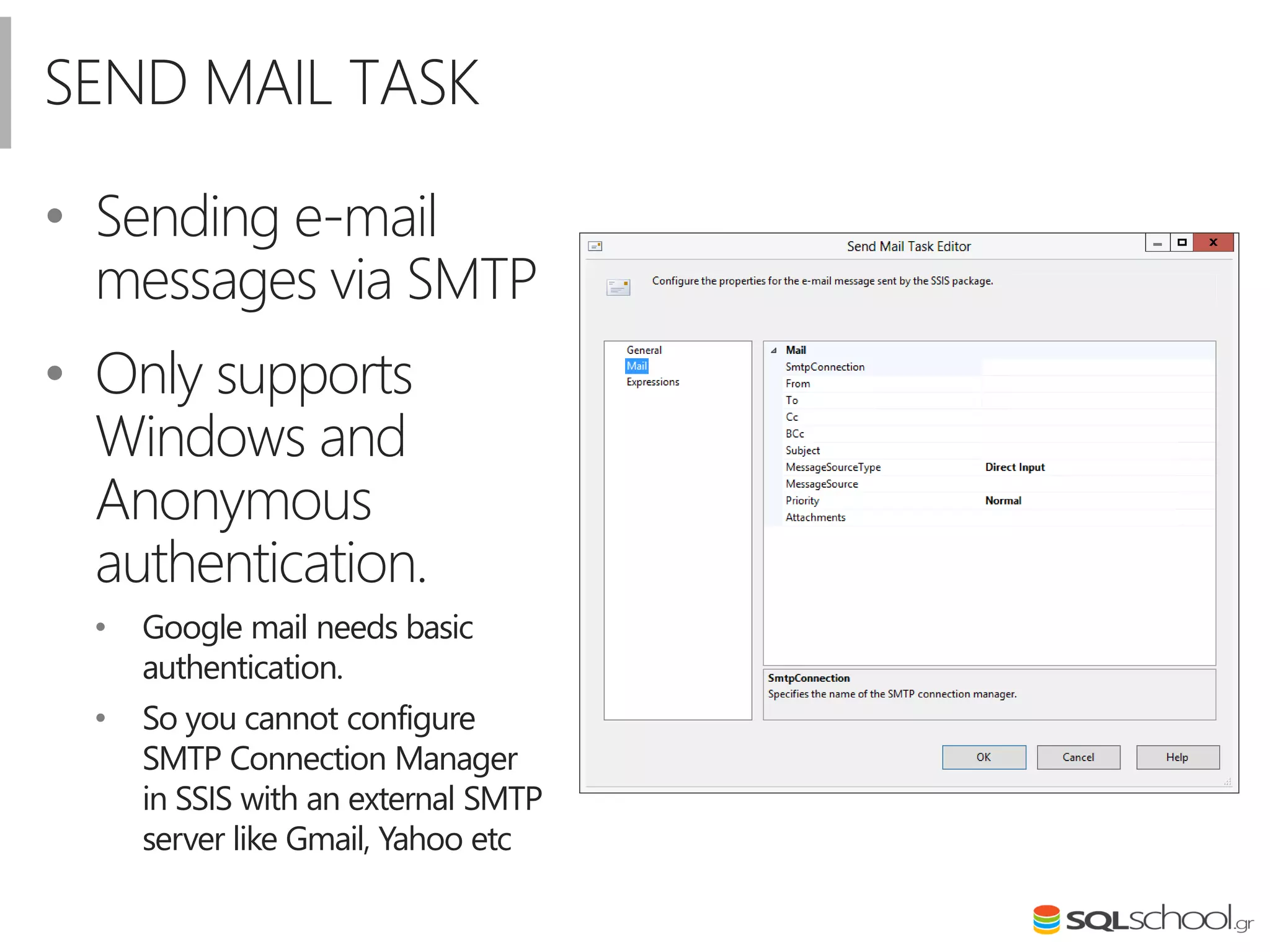 SEND MAIL TASK
• Sending e-mail
messages via SMTP
• Only supports
Windows and
Anonymous
authentication.
• Google mail needs basic
authentication.
• So you cannot configure
SMTP Connection Manager
in SSIS with an external SMTP
server like Gmail, Yahoo etc
 