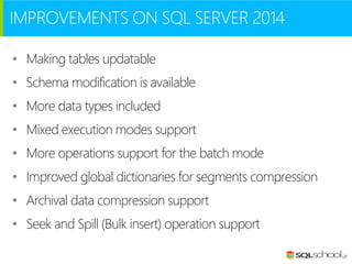 IMPROVEMENTS ON SQL SERVER 2014
• Making tables updatable
• Schema modification is available

• More data types included
• Mixed execution modes support
• More operations support for the batch mode
• Improved global dictionaries for segments compression

• Archival data compression support
• Seek and Spill (Bulk insert) operation support

 