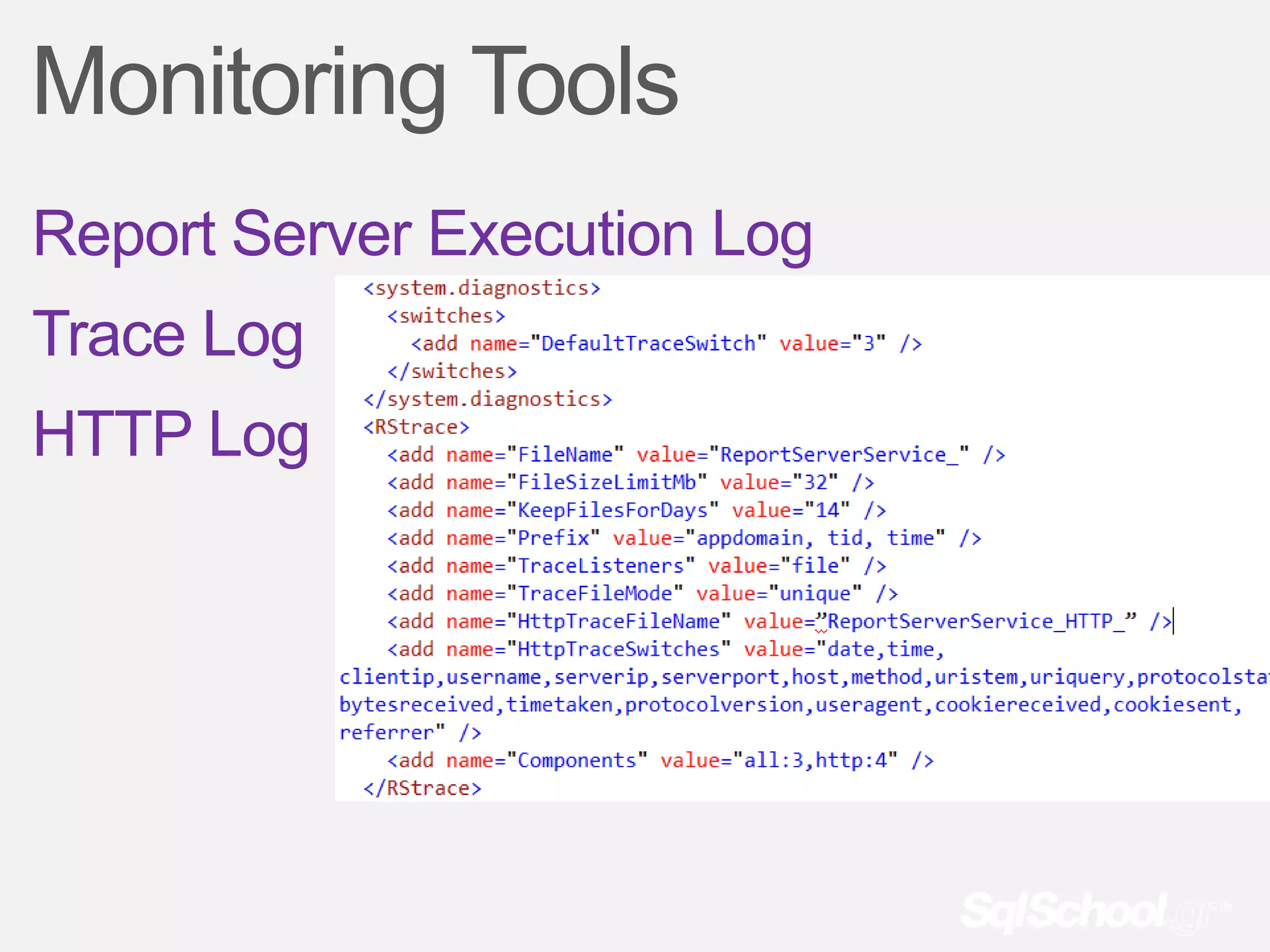 Monitoring Tools
Report Server Execution Log
Trace Log
HTTP Log
 