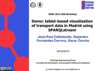 ISWC 2013 SSN Workshop

Demo: tablet-based visualisation
of transport data in Madrid using
SPARQLstream
Jean-Paul Calbimonte, Alejandro
Fernández Carrera, Oscar Corcho
22/10/2013

Ontology Engineering Group
Facultad de Informática, Universidad Politécnica de Madrid
jp.calbimonte@upm.es, ocorcho@fi.upm.es

 