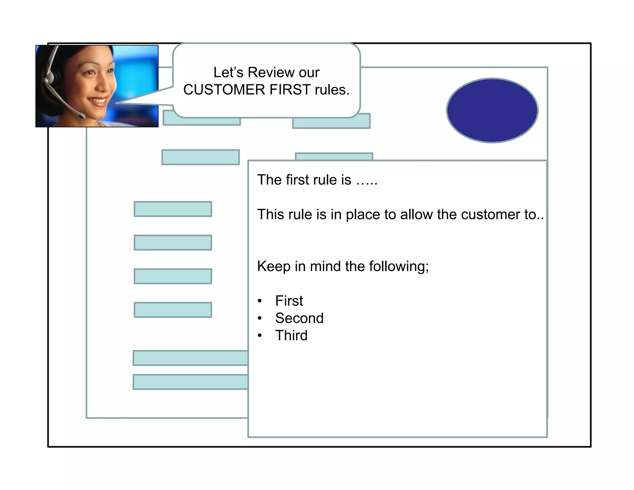 Let’s Review our
CUSTOMER FIRST rules.
The first rule is …..
This rule is in place to allow the customer to..
Keep in mind the following;
• First
• Second
• Third
 