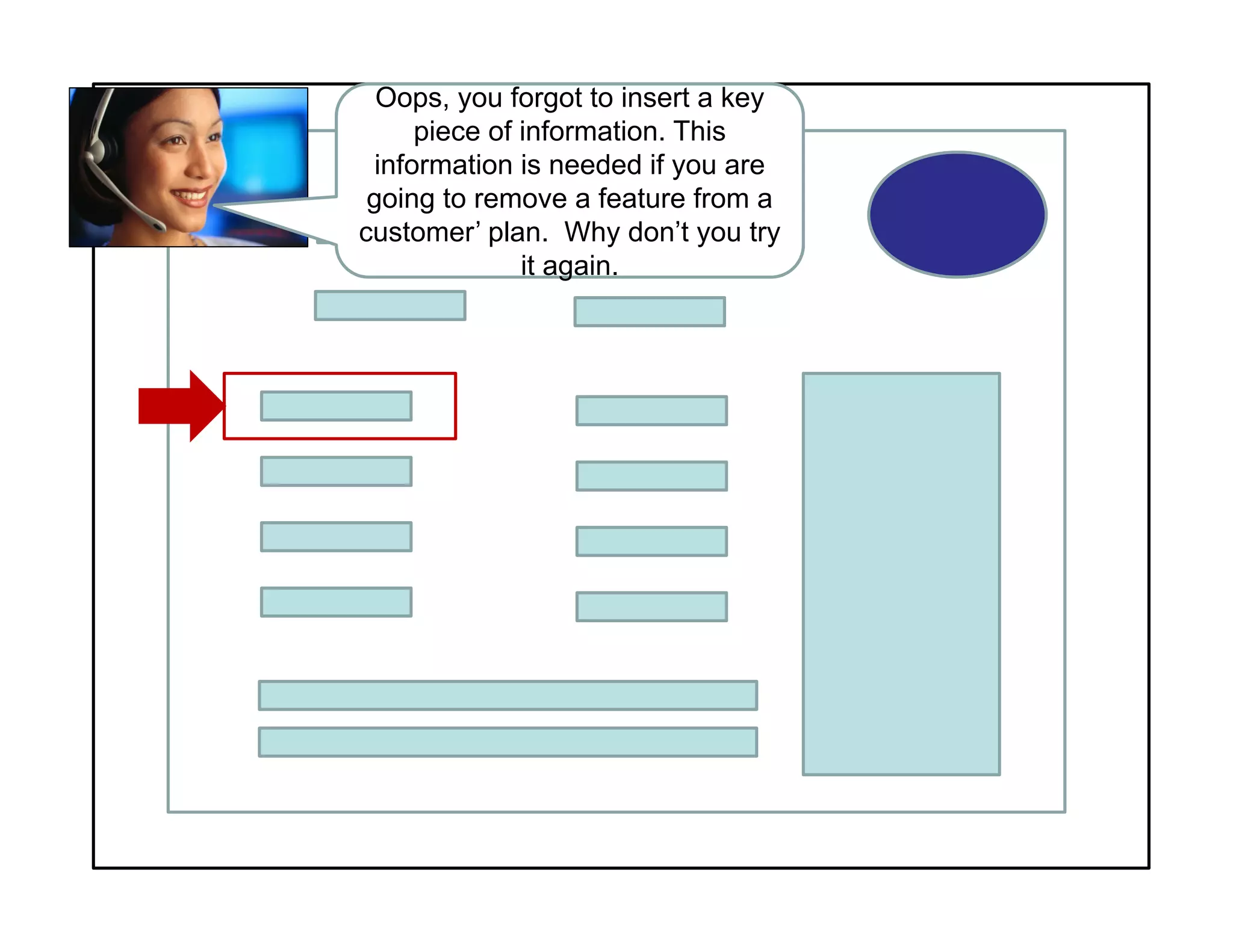 Oops, you forgot to insert a key
piece of information. This
information is needed if you are
going to remove a feature from a
customer’ plan. Why don’t you try
it again.
 